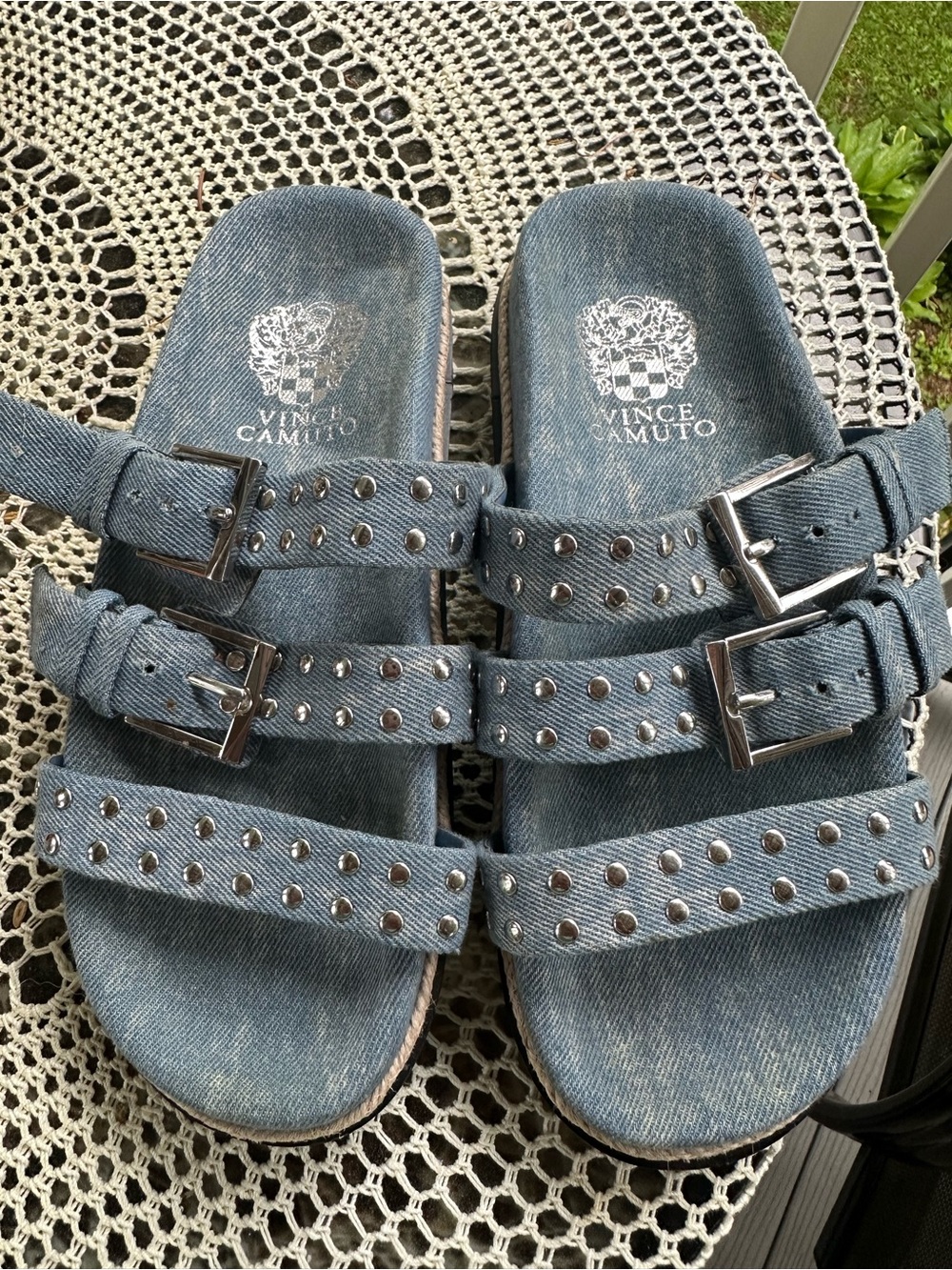 Vince Camuto Chandra Denim-Style Studded Triple-Strap Slides - Light Blue 6W